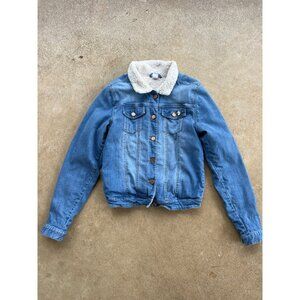 Vintage Blue Denim Jacket With Faux Shearling Lining & Button Closure Size 13-14